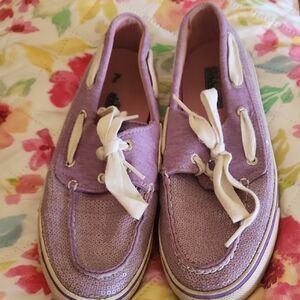 Sperry Lavender Sequin Boat Shoes with White Laces